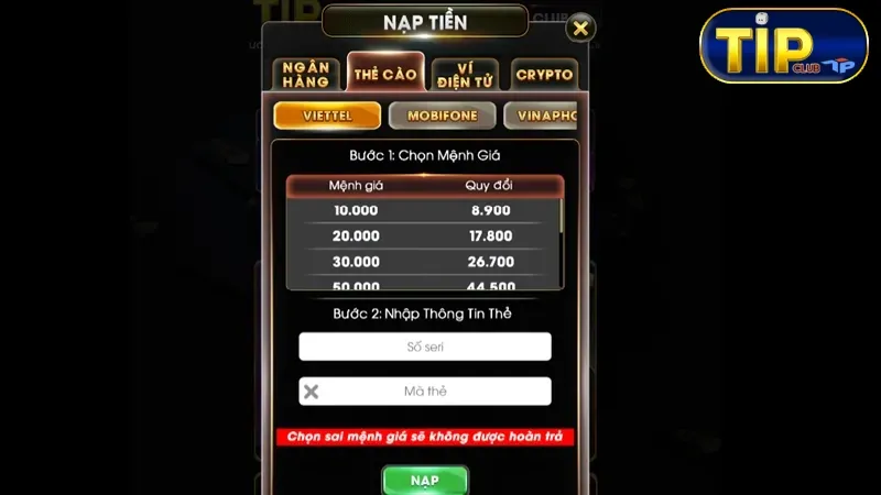 Điền các thông tin khi nạp tiền Tipclub